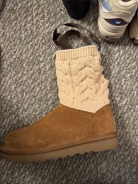 UGG Chestnut Suede & Cream Cable-Knit Mid-Calf Boot